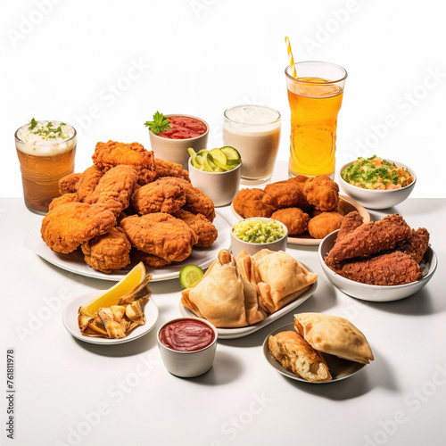 Delicious Food: Falafel, Fried Chicken, Fried Fish accompanied by Refreshing Drinks and Savory Sauces, Elegantly Presented on a Clean White Background.
