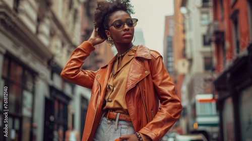 A fashion-forward woman in a tan leather jacket and large sunglasses stands on a city street