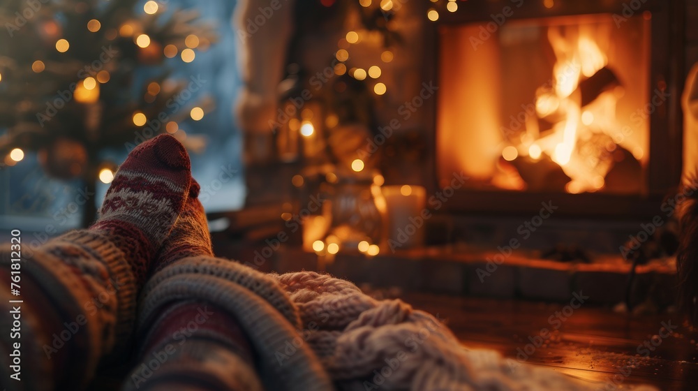 A serene moment of relaxation by the fireplace, with feet enveloped in woolen socks, accompanied by a hot drink, capturing the essence of comfort