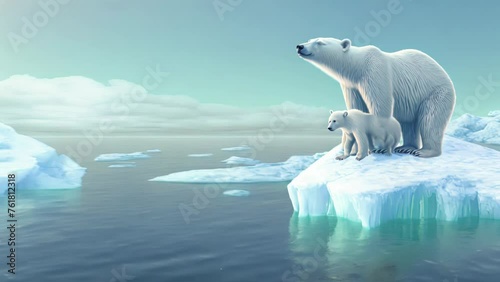 polar bear mother and her cubs surrounded by towering icebergs. drifting ice masses is a consequence of environmental shifts attributed to climate change and the accelerated melting of glaciers. photo