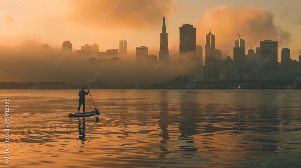 A solitary figure stands on a paddleboard, navigating through the bay against the background of the urban skyline