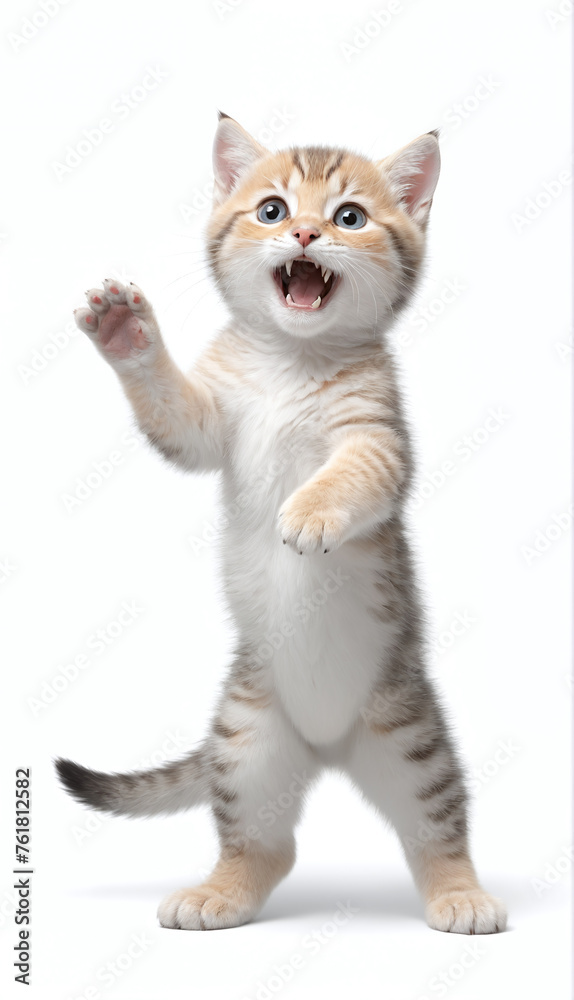 little cat stands on its hind feet isolated against white background little cat stands on its hind feet isolated against white background