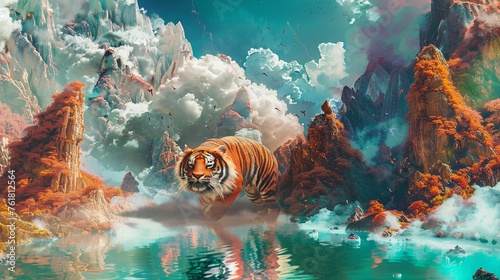 An ultra-detailed abstract style painting showcasing a chibi Chinese Northeast tiger