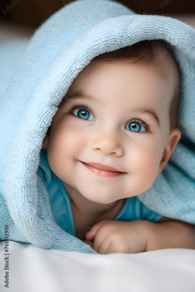 happy child peeks out from under a blue terry towel happy child peeks out from under a blue terry towel