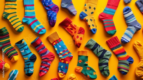 A vibrant display of multi-colored socks scattered across a yellow surface, highlighting variety for the colder months
