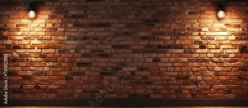Two lights illuminate the brick wall, highlighting the brown hues and textures of the brickwork. The contrast with the wood flooring creates a beautiful composite material pattern