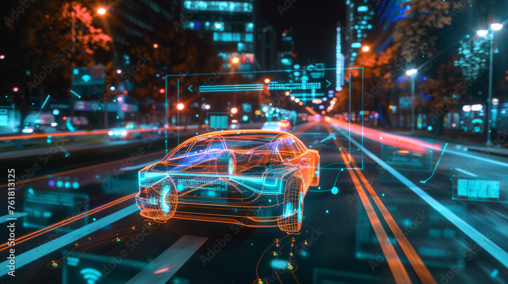 An AI-powered augmented reality interface, projecting a virtual overlay onto the real world, allowing users to visualize data streams, navigation routes, and contextual information in real-time.