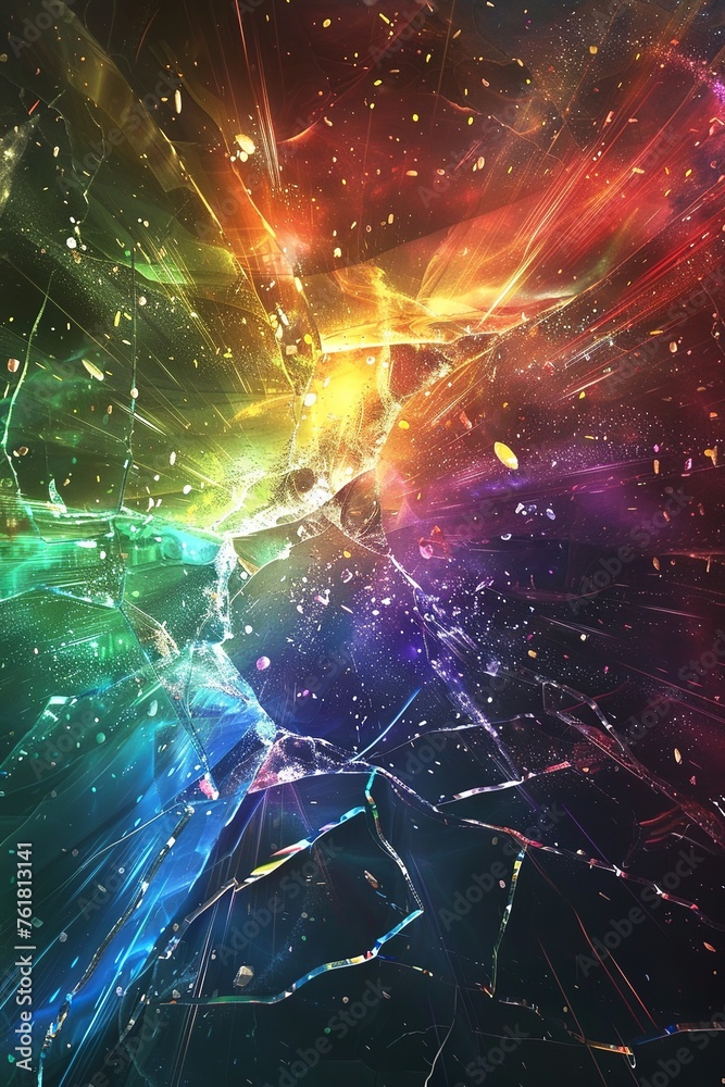 realistic cracked glass in background as like rainbow coloured space explosion textured look