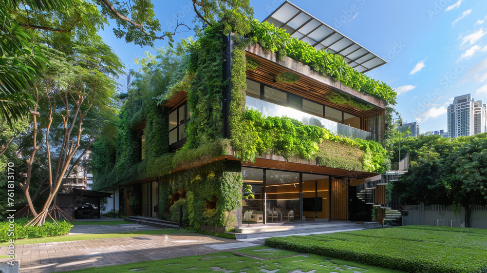 An architectural gem nestled in an urban jungle, with a living green wall covering its exterior.