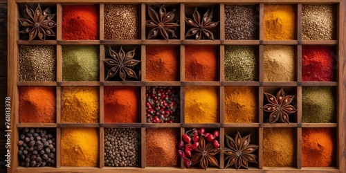 Colorful spices in wooden box, close-up, top view.