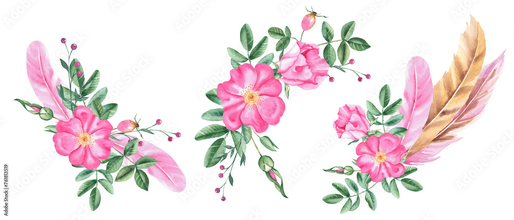 Watercolor floral compositions from dog rose flowers, leaves, buds and pink and beige feathers isolated on white background. Botanical hand drawn illustration.