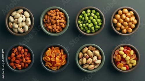 Set of pecans, pistachios, almonds, peanuts, cashews and assorted dried fruits in bowls of different colors