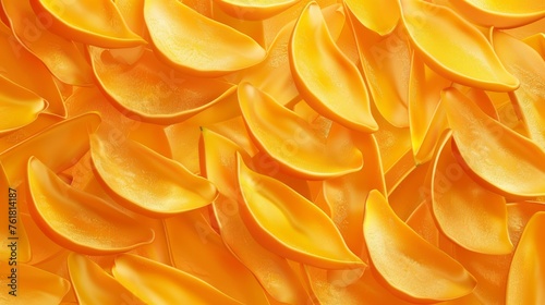 A digital illustration showcasing various mango slices in different orientations, creating an abstract, artistic background.