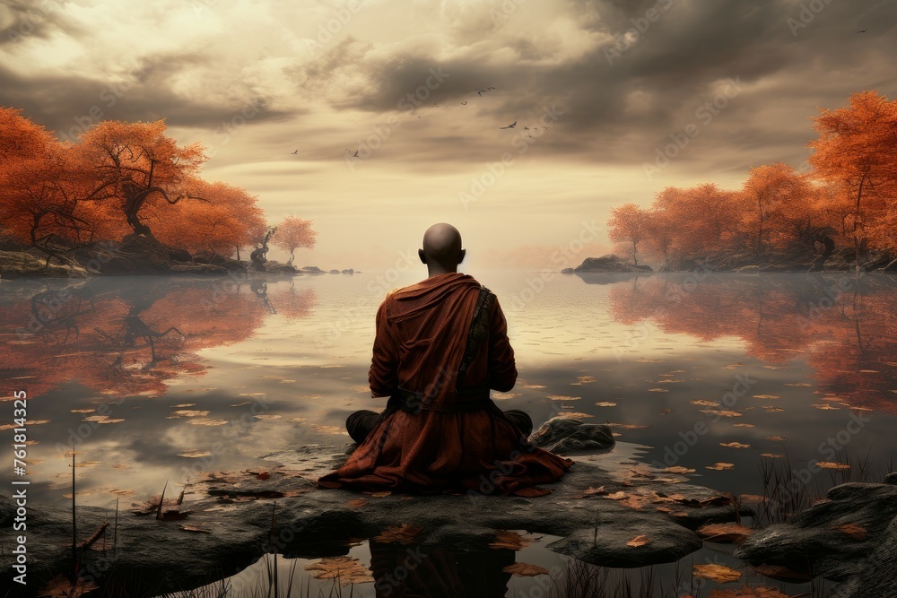 Contemplative Monk sitting lake. Holy reflection. Generate Ai