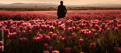 A man is standing in a natural landscape filled with magenta flowers. The field is a beautiful ecoregion with pink petals, surrounded by green grass photo