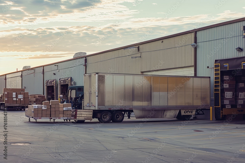 Boxes Packed and Loaded onto a Large Truck outside the Warehouse Boxes Packed and Loaded onto a Large Truck outside the Warehouse