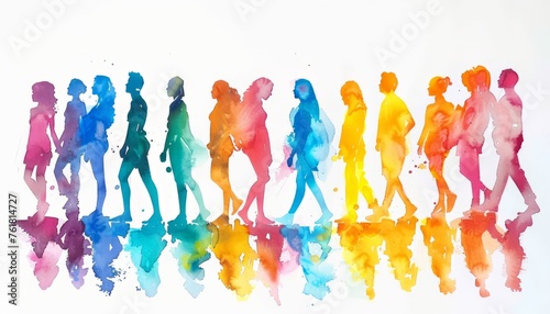 rainbow colored watercolor silhouettes of people on a white background