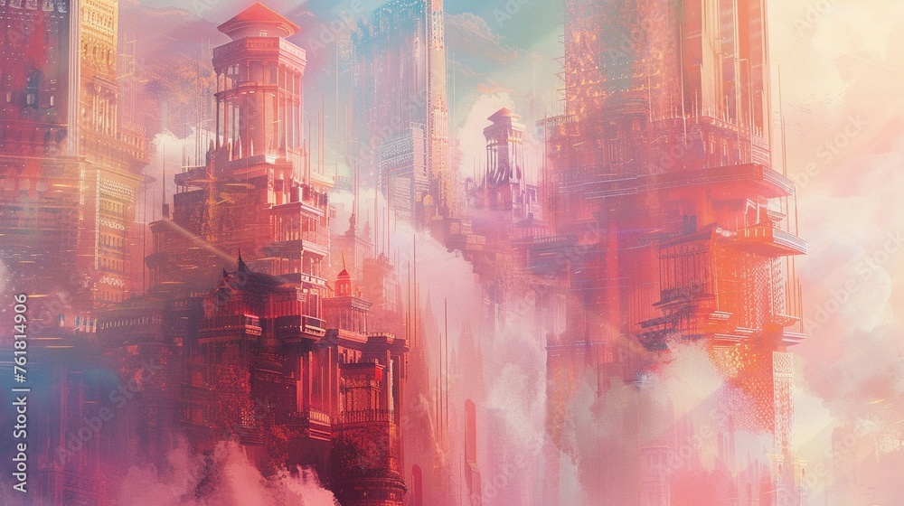 Fototapeta premium Creation of the Impossible A deep dive into the philosophy behind Alaras work illustrating her role as a creator who defies physical laws to design structures and cities that float in the sky