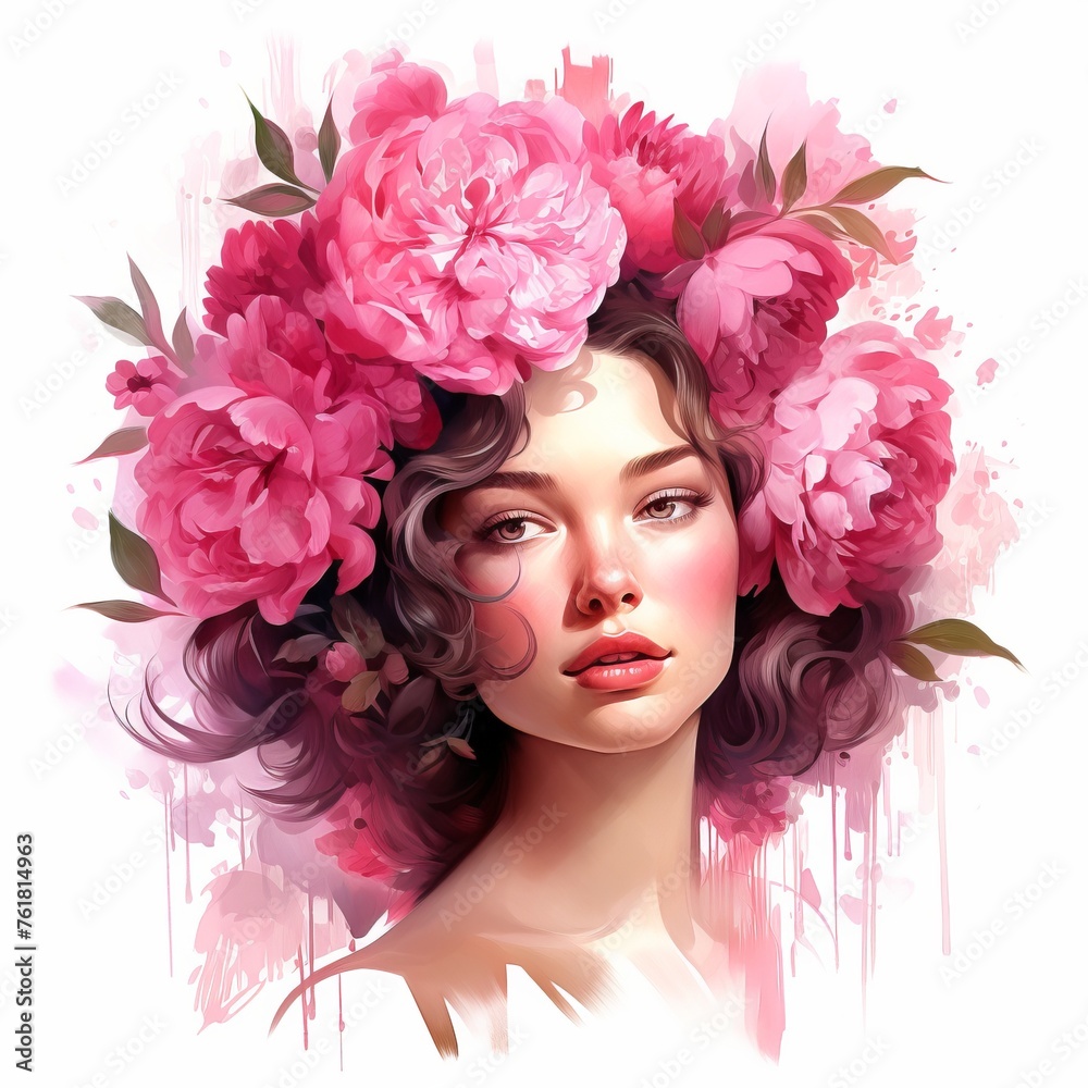 Beautiful woman with flowers wreath on the head, watercolor on white background Beautiful woman with flowers wreath on the head, watercolor on white background