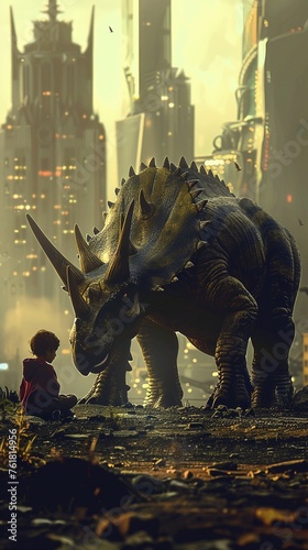 Design a peaceful moment in an alternate history where humans and dinosaurs coexist showing a child playing with a friendly Triceratops in the shadow of a futuristic city. © Sataporn