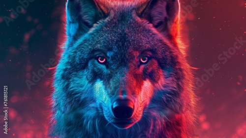 Portrait of a wolf in a red and blue neon light.