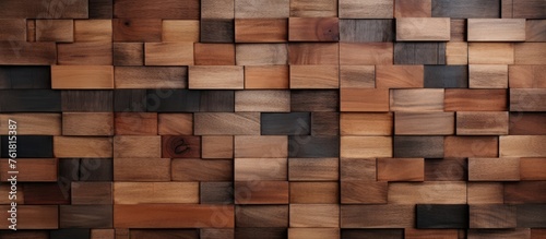 A detailed closeup of a brown wooden wall constructed from rectangular wooden squares  resembling a pattern similar to brickwork. The flooring is made of hardwood with a wood stain