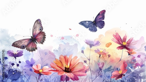 Butterflies fluttering around a garden of watercolor flowers, symbolizing transformation and the joy of life © furyon
