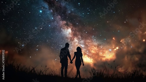 Couple holding hands with smoke background and starry night.