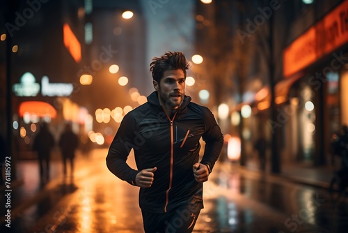 Young man jogging in the city at night. Healthy lifestyle.