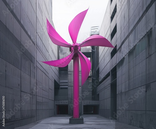Large pink windmills, wind catchers. The dream place uses ecological technology