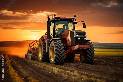 Tractor with a sprayer on a field at sunset. Agricultural machinery.