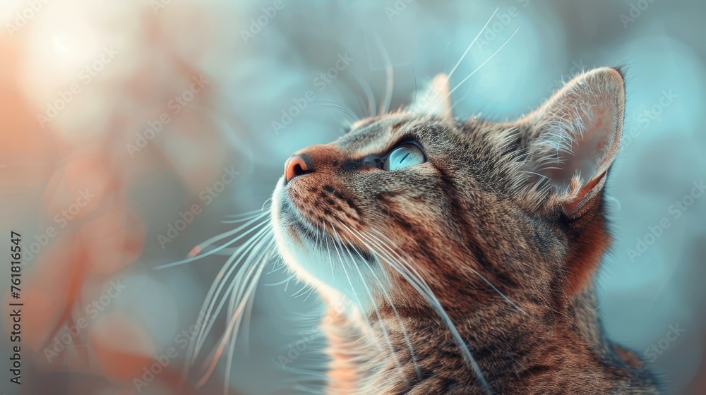 Portrait of a cat with blue eyes on a background of nature. - obrazy, fototapety, plakaty 
