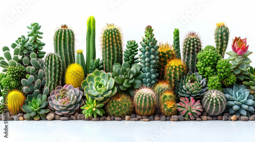 Set of isolated shrubs and cacti on a white background
