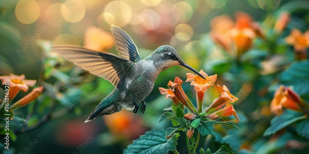 Fototapeta premium Beautiful Hummingbird Hovering Over Blossoming Flower with Wings Spread and Beak Wide Open in Nature's Garden