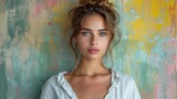 Serene beauty against artistic backdrop: young woman with stunning eyes and freckles poses before a colorful abstract wall