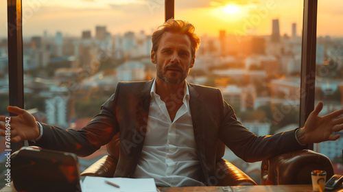 Confident Executive with Open Arms in Office at Sunset