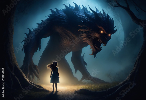Fototapeta Naklejka Na Ścianę i Meble -  Fantasy scene of a young girl facing a daunting, shadowy creature
