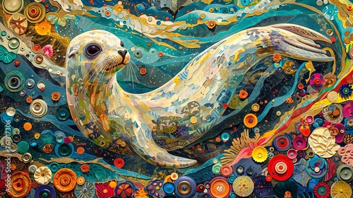 A whimsical seal adorned with swirls and colorful patterns against an abstract artistic backdrop. photo