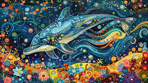 Vibrant dolphins in a dynamic, abstract underwater scene filled with splashes of vivid colors. © soysuwan123