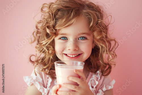 child drinking milk, Happy curly-haired child holding a glass of milk. Studio portrait with a pink background. Healthy lifestyle and nutrition concept. Design for milk product advertising, copyspace