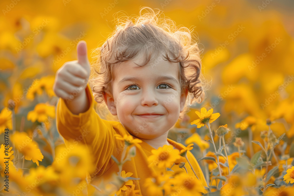child in the field of yellow flowers, Smiling child with thumbs up in yellow flower field. Positive emotion and nature enjoyment concept. Design for children's content, advertisement. Copyspace child in the field of yellow flowers, Smiling child with thumbs up in yellow flower field. Positive emotion and nature enjoyment concept. Design for children's content, advertisement. Copyspace