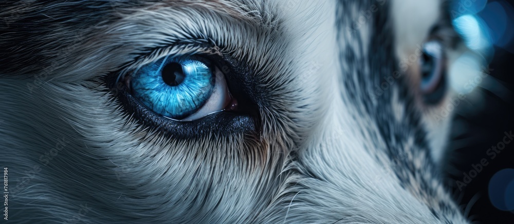 A closeup of a husky dogs electric blue eyes, surrounded by fluffy fur and whiskers, set against a sleek snout, showcasing the beauty of this carnivorous dog breeds eye structure