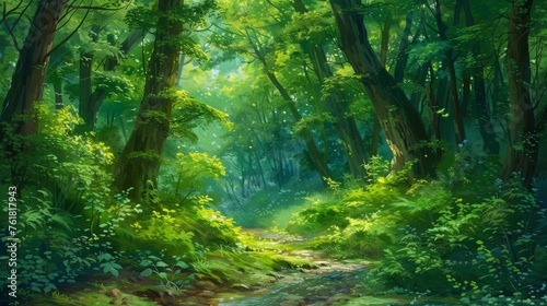 Lush green forest with a hidden stream  depicted in rich oil painting colors.