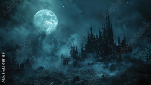 Halloween background with haunted castle and full moon photo