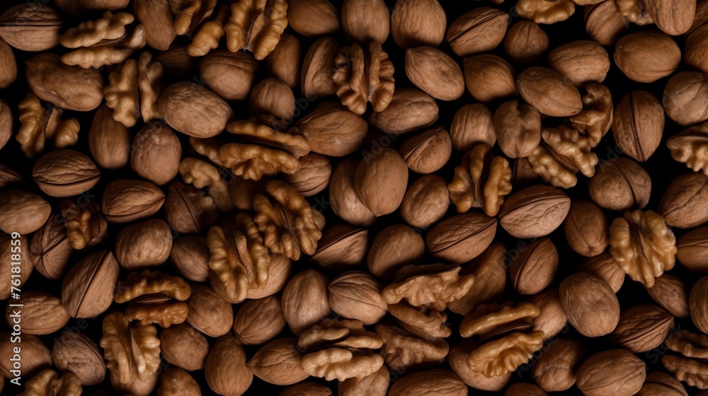Background with many small peeled walnut kernels. Background with nuts of different textures and tones throughout the image in top view. Background with many small peeled walnut kernels. Background with nuts of different textures and tones throughout the image in top view.