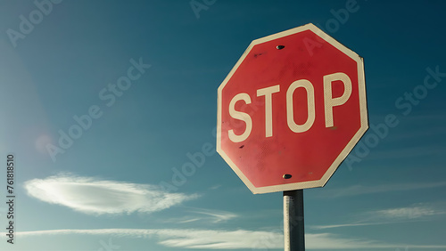 bright red stop sign with bold white letters standing against backdrop of clear blue sky