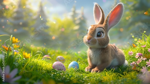 Cute cartoon character Easter bunny on the meadow. Easter hunt concept