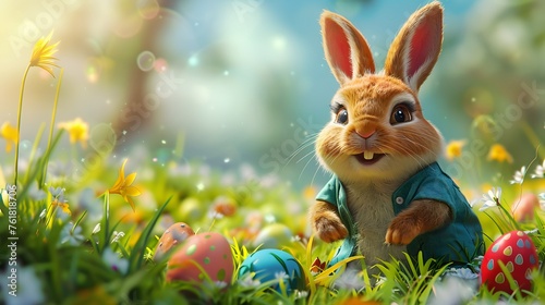 Cute cartoon character Easter bunny on the meadow. Easter hunt concept