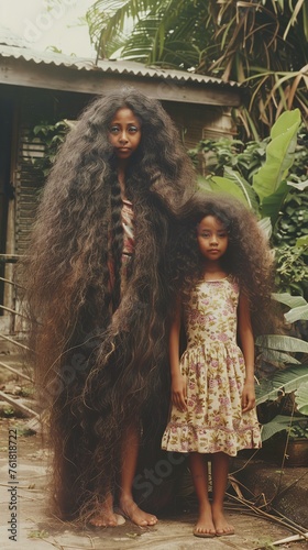 stereotypically beautiful Indonesian mother and daughter with absolutely huge, tall gigantic thick overgrown hair photo