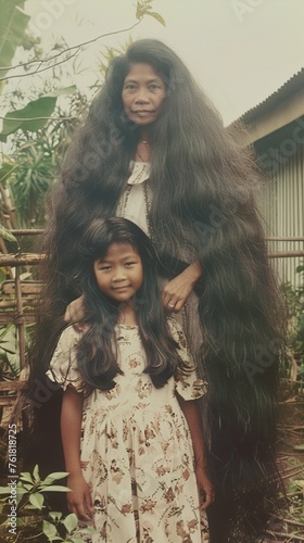 stereotypically beautiful Indonesian mother and daughter with absolutely huge, tall gigantic thick overgrown hair photo
